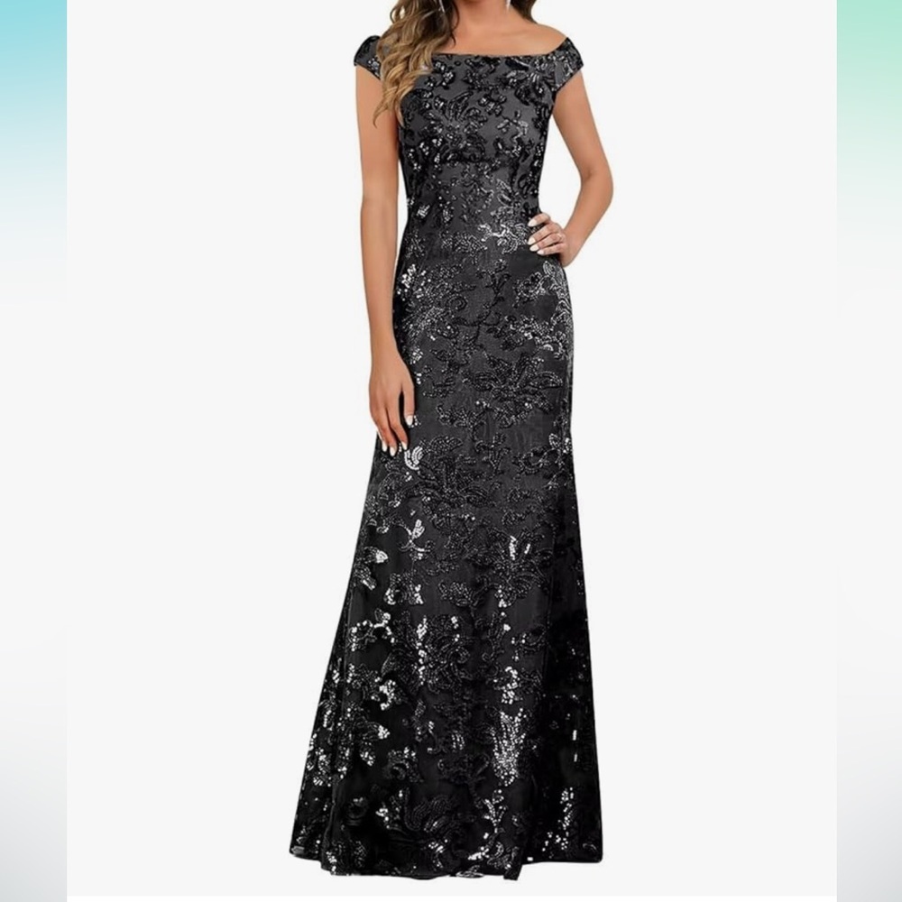Black Sequin Evening Gown Size 8 Elegant Floor Length Formal Prom Wedding Gala